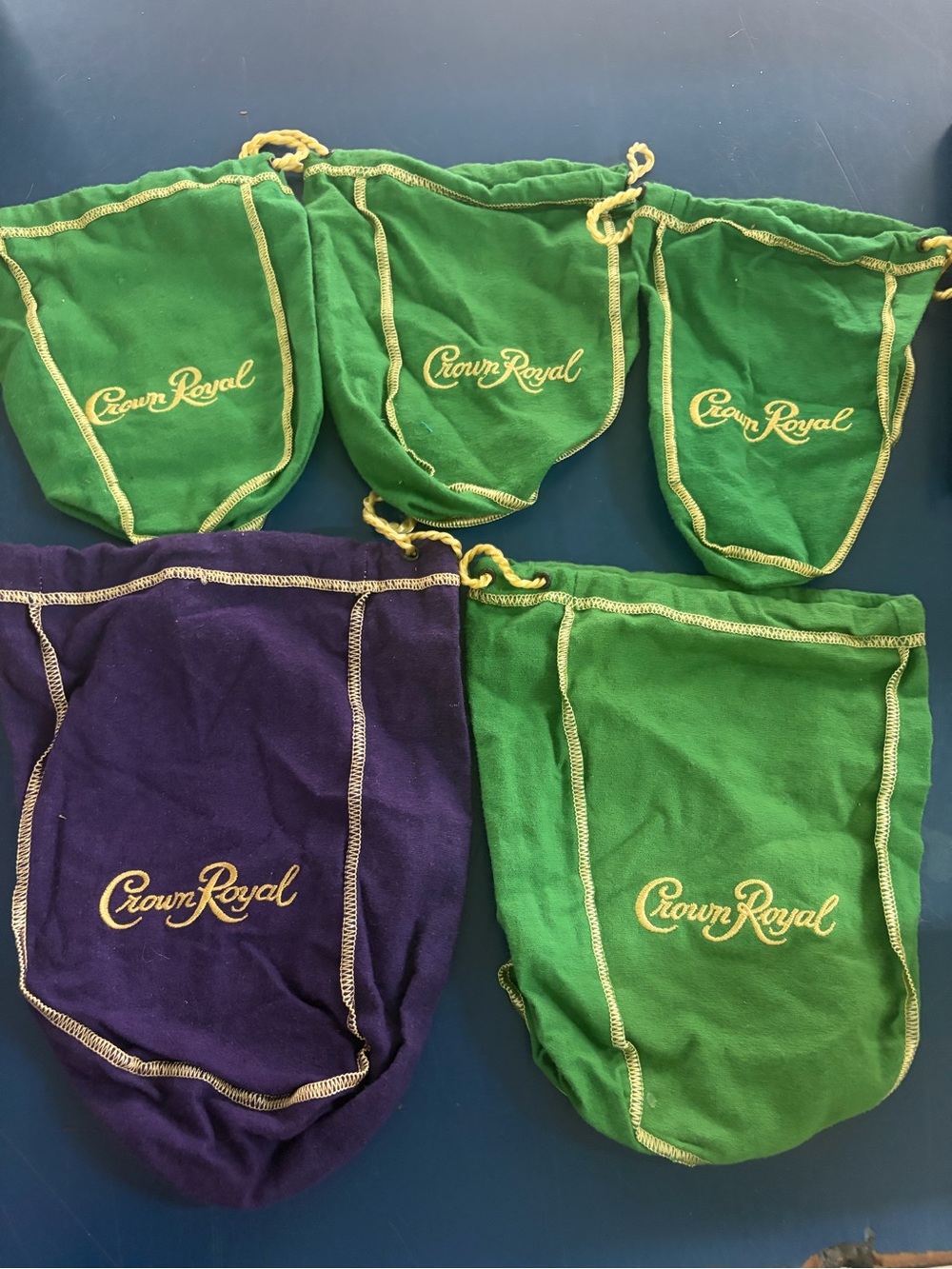 Set of 5 Green and Purple Crown Royal Drawstring Pouches